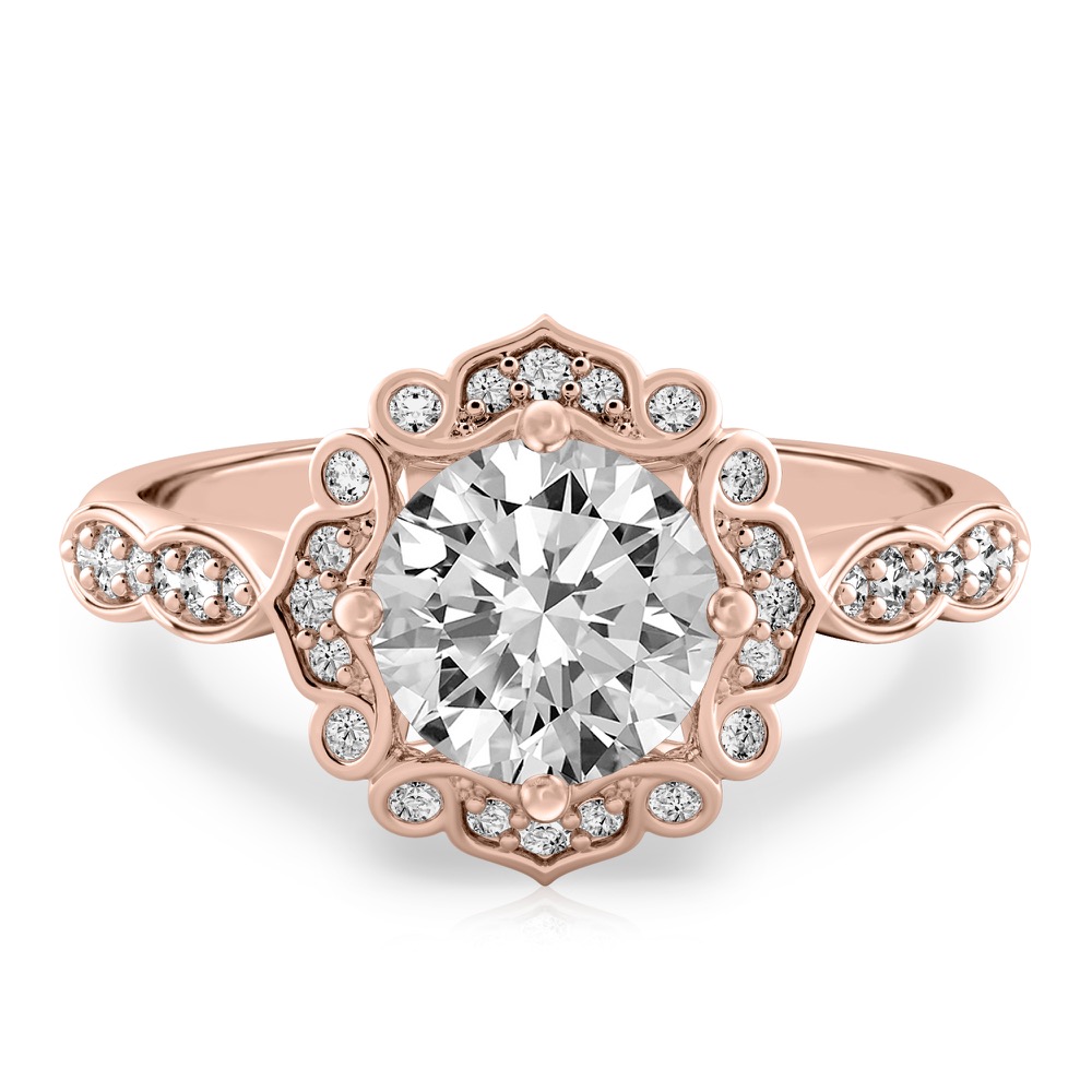 round cut diamond floral engagement ring in rose gold