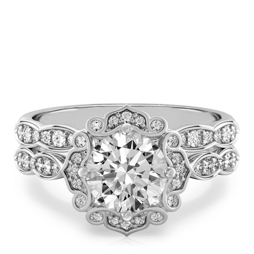 round cut diamond floral engagement ring set platinum