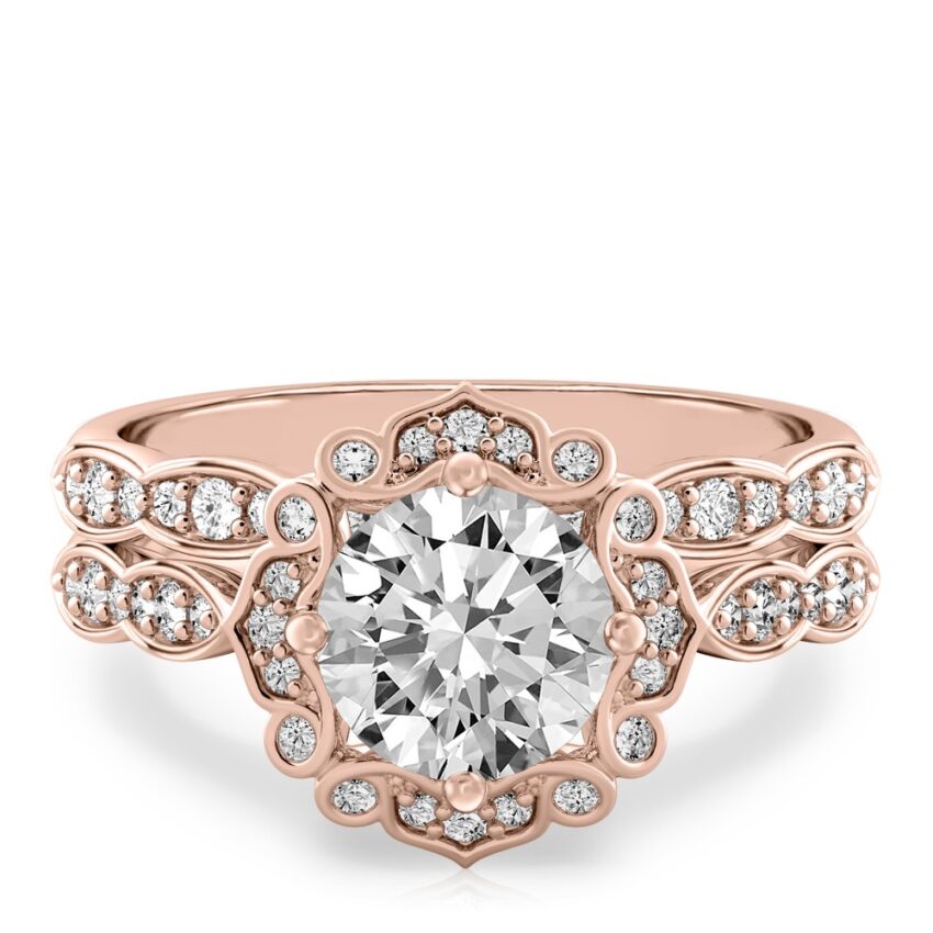 round cut diamond floral engagement ring set rose gold
