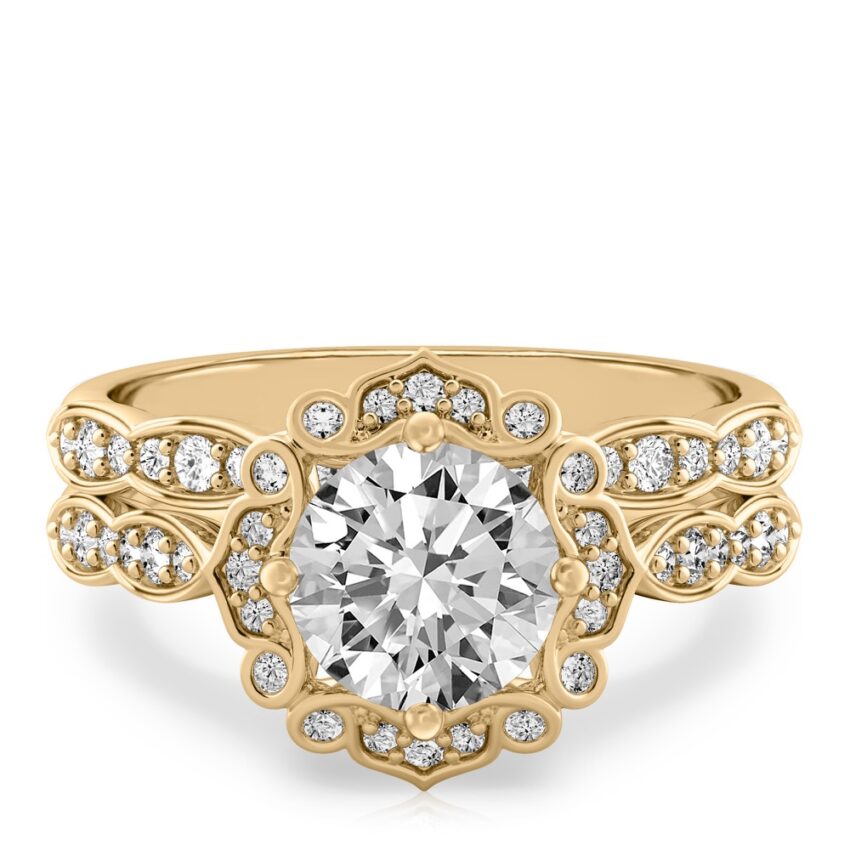 round cut diamond floral engagement ring set yellow gold