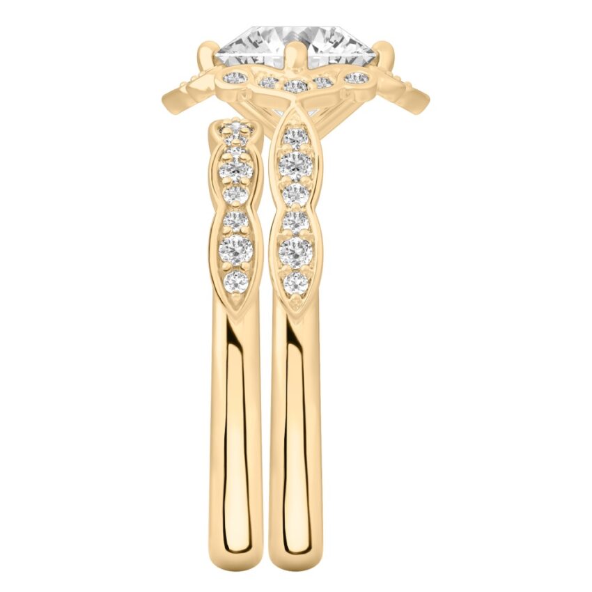 Side view of round cut diamond floral engagement ring set yellow gold