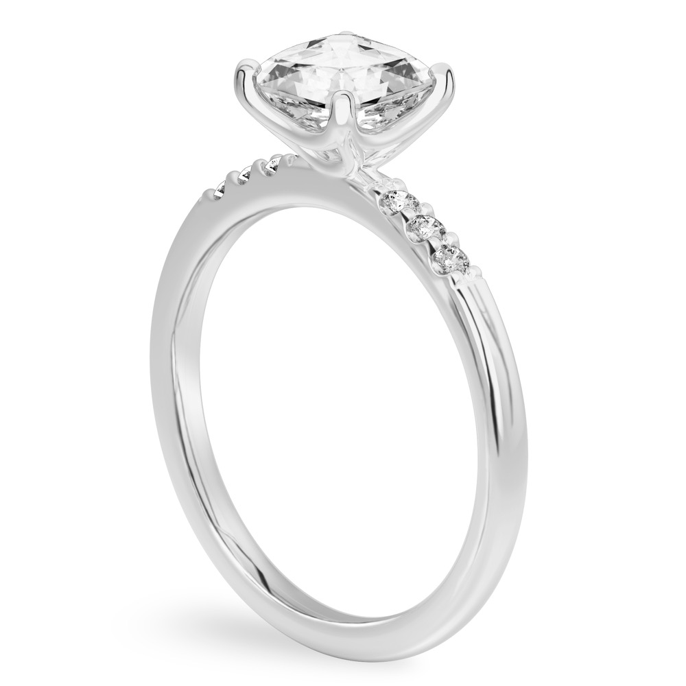 Angle view of asscher cut diamond minimalist pave engagement ring in platinum