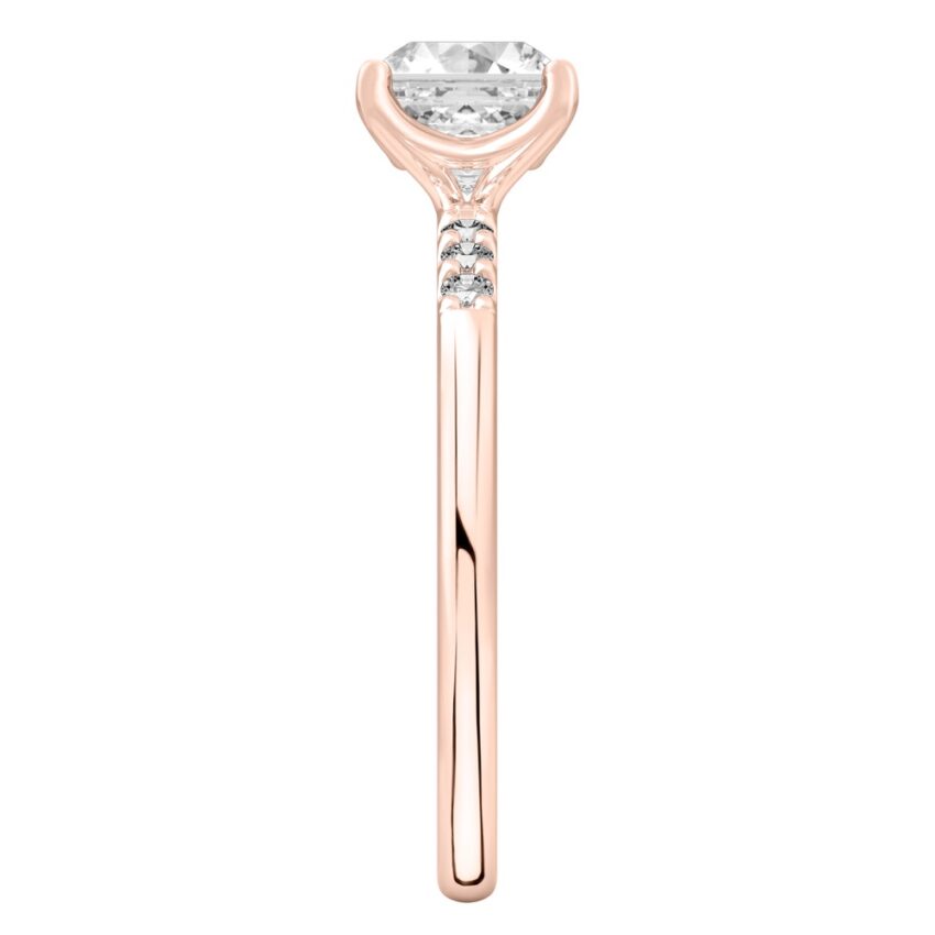 Side view of asscher cut diamond minimalist pave engagement ring in rose gold