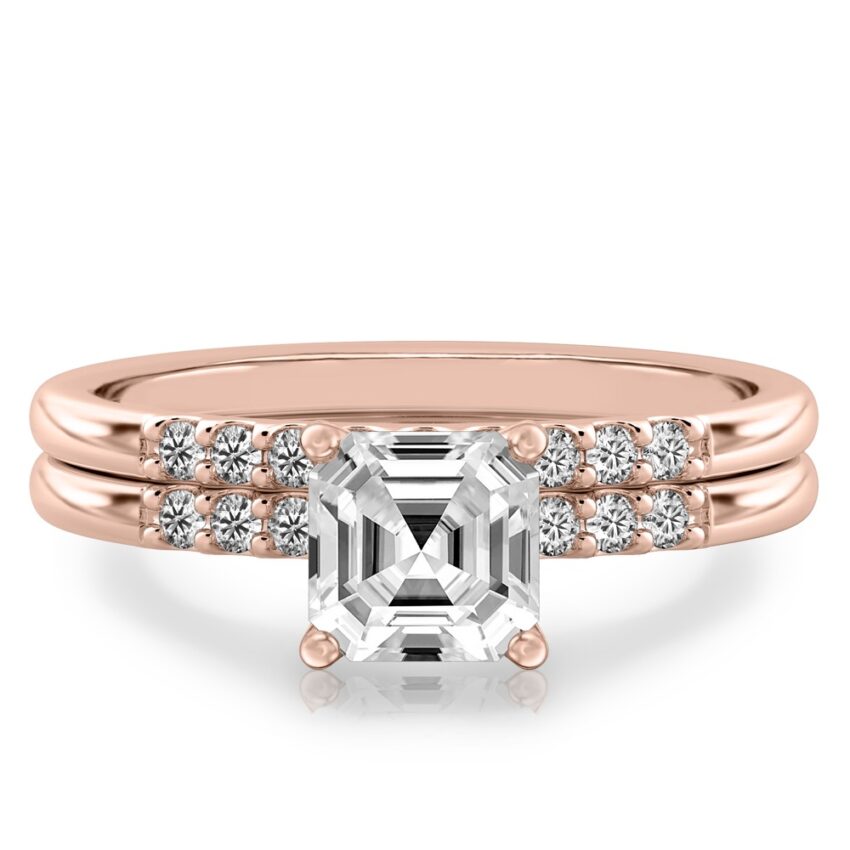 asscher cut diamond minimalist pave engagement ring set rose gold