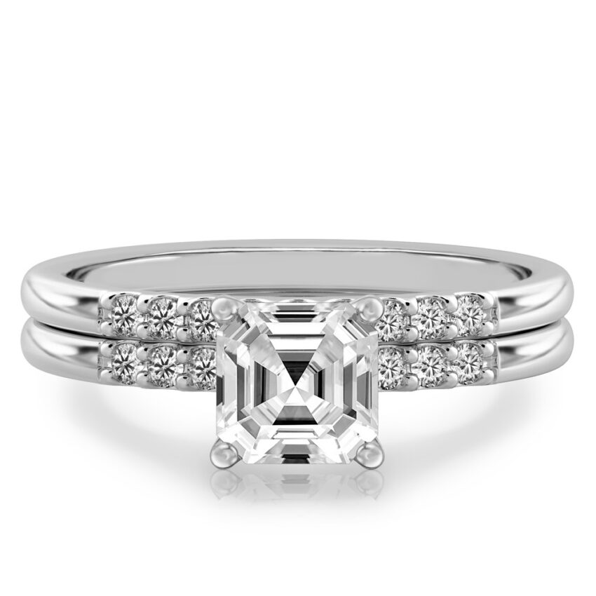 asscher cut diamond minimalist pave engagement ring set white gold