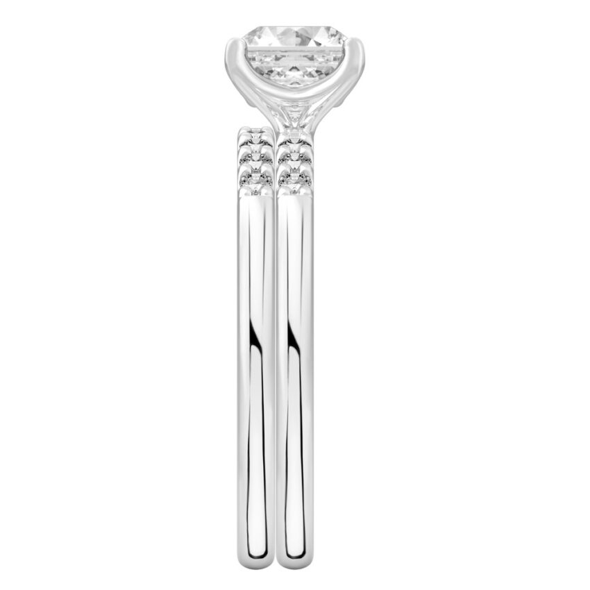 Side view of asscher cut diamond minimalist pave engagement ring set white gold