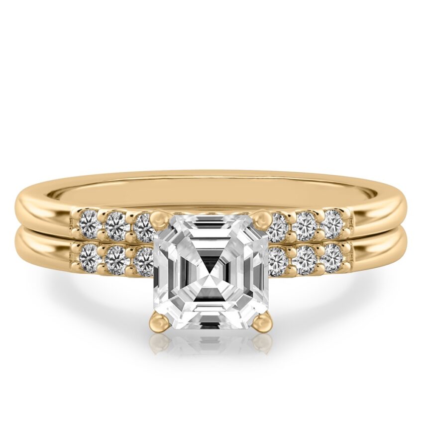 asscher cut diamond minimalist pave engagement ring set yellow gold
