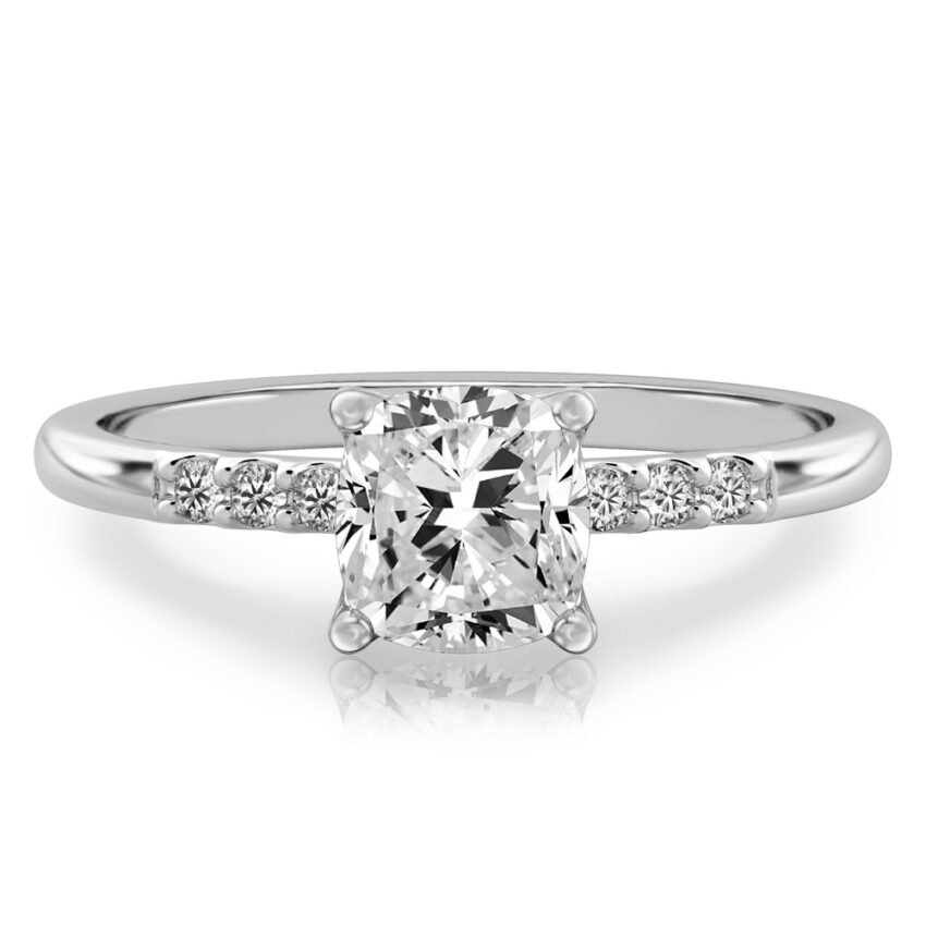 cushion cut diamond minimalist pave engagement ring in platinum