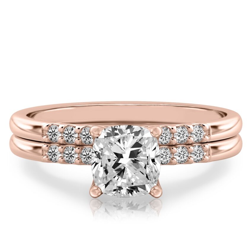 cushion cut diamond minimalist pave engagement ring set rose gold