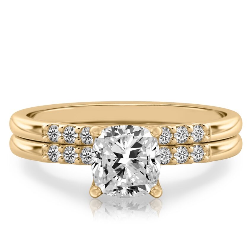 cushion cut diamond minimalist pave engagement ring set yellow gold