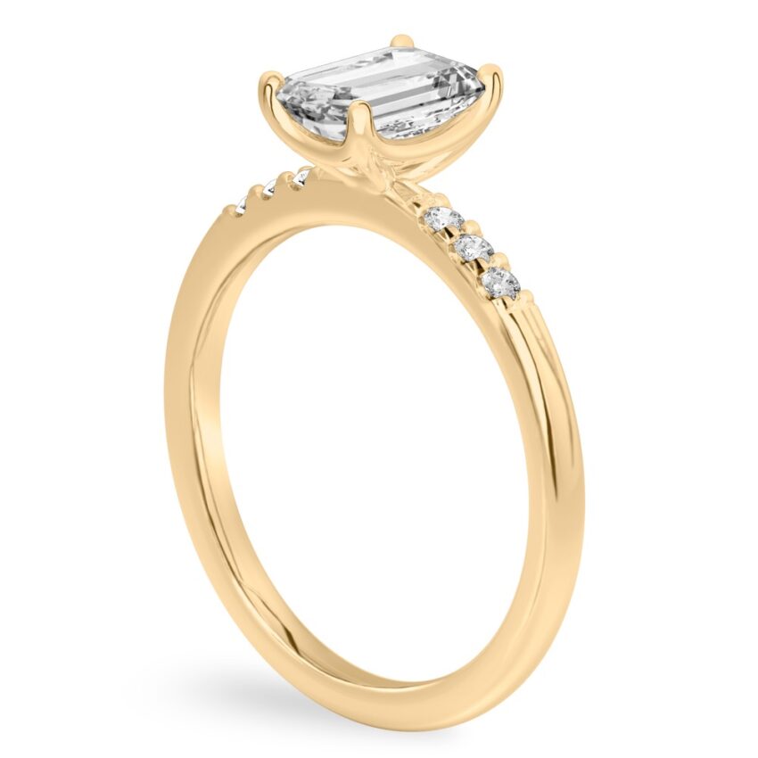 Angle view of emerald cut diamond minimalist pave engagement ring in yellow gold
