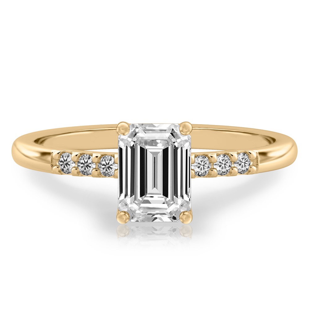 emerald cut diamond minimalist pave engagement ring in yellow gold