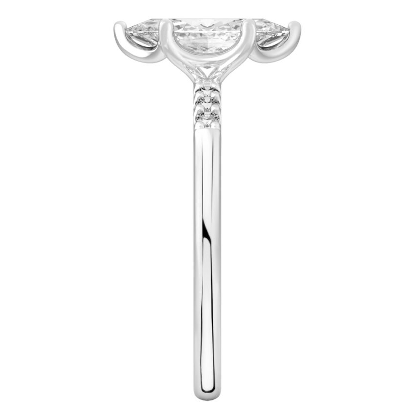 Side view of marquise cut diamond minimalist pave engagement ring in platinum