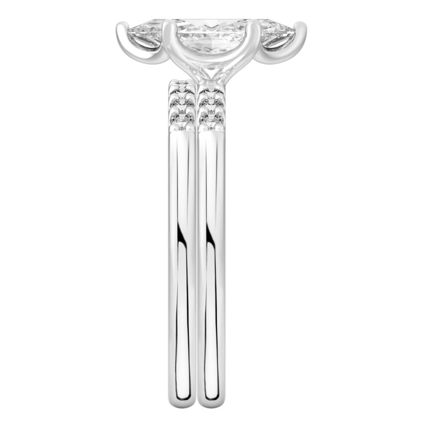 Side view of marquise cut diamond minimalist pave engagement ring set platinum