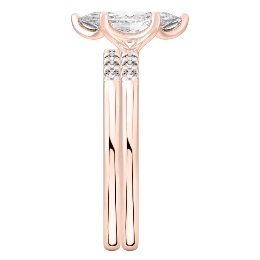 Side view of marquise cut diamond minimalist pave engagement ring set rose gold