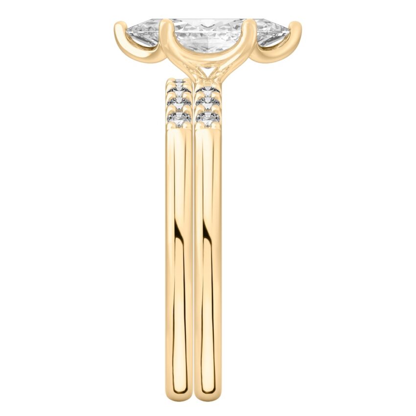 Side view of marquise cut diamond minimalist pave engagement ring set yellow gold