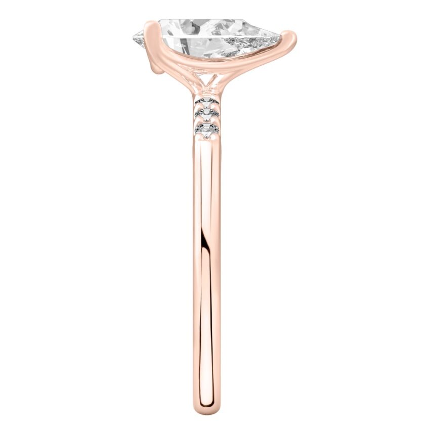 Side view of pear shape diamond minimalist pave engagement ring in rose gold