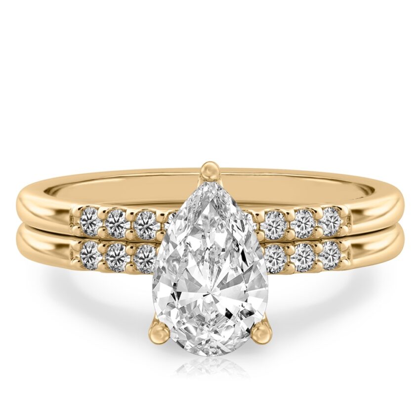 pear shape diamond minimalist pave engagement ring set yellow gold