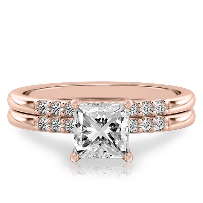 princess cut diamond minimalist pave engagement ring set rose gold