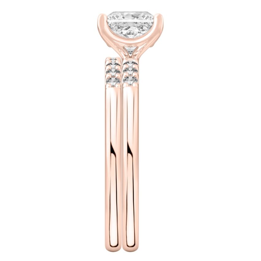Side view of princess cut diamond minimalist pave engagement ring set rose gold