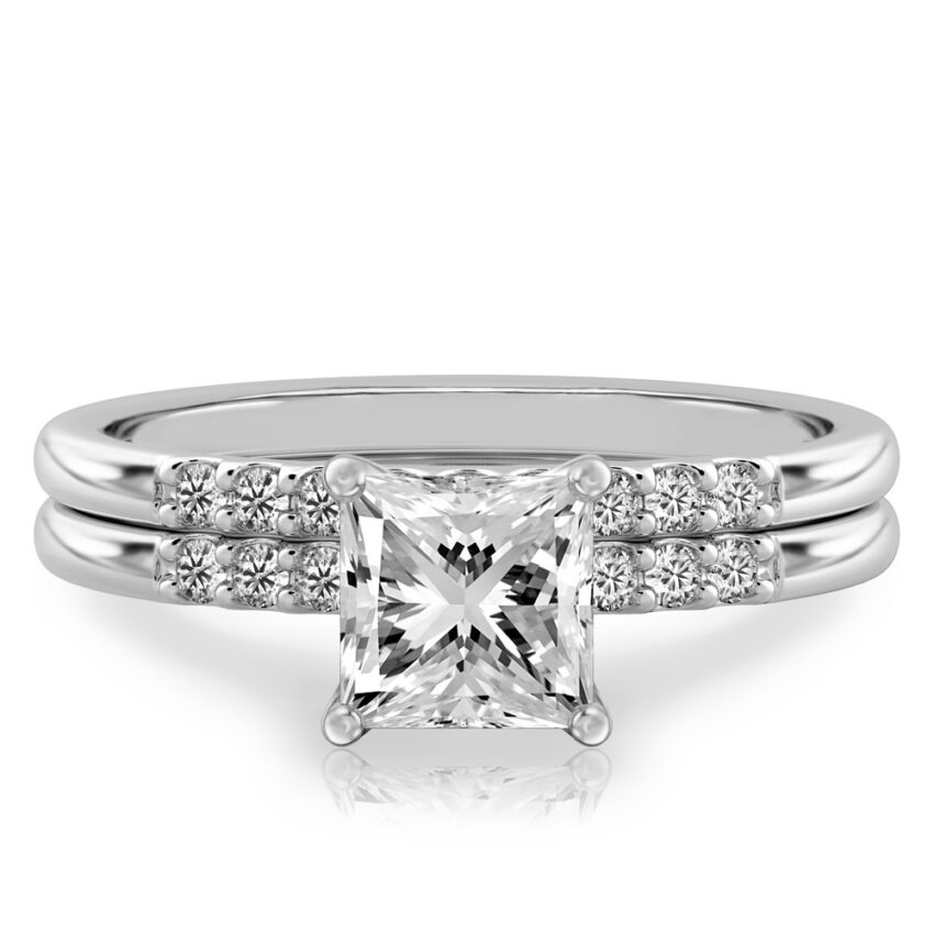 princess cut diamond minimalist pave engagement ring set white gold