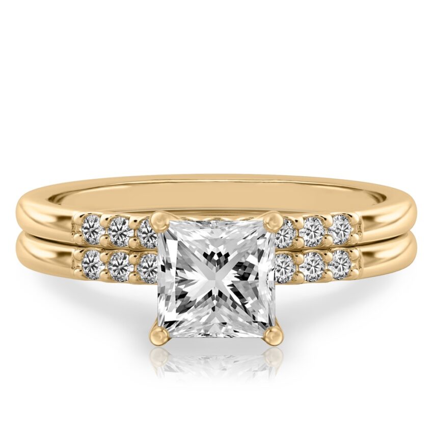 princess cut diamond minimalist pave engagement ring set yellow gold