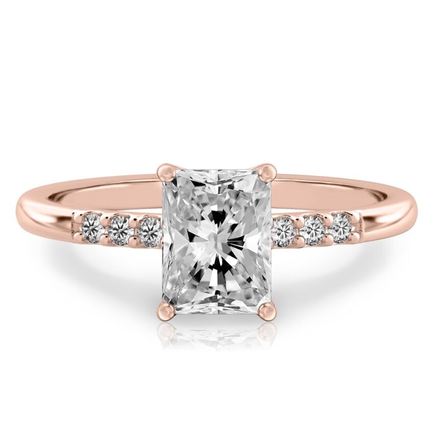 radiant cut diamond minimalist pave engagement ring in rose gold