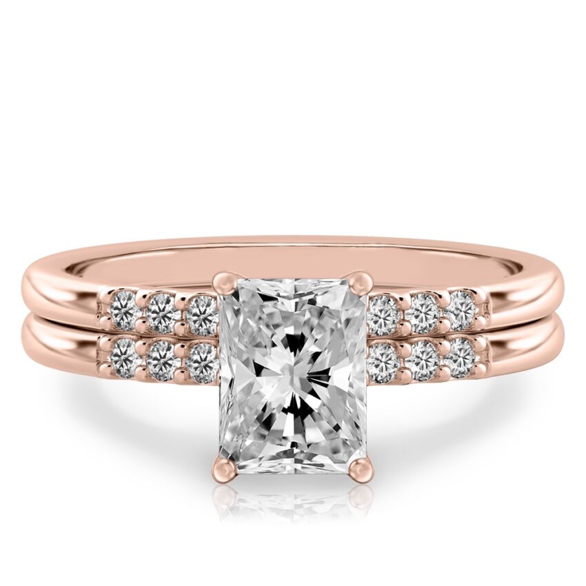 radiant cut diamond minimalist pave engagement ring set rose gold