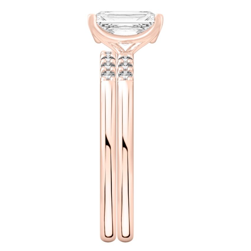 Side view of radiant cut diamond minimalist pave engagement ring set rose gold