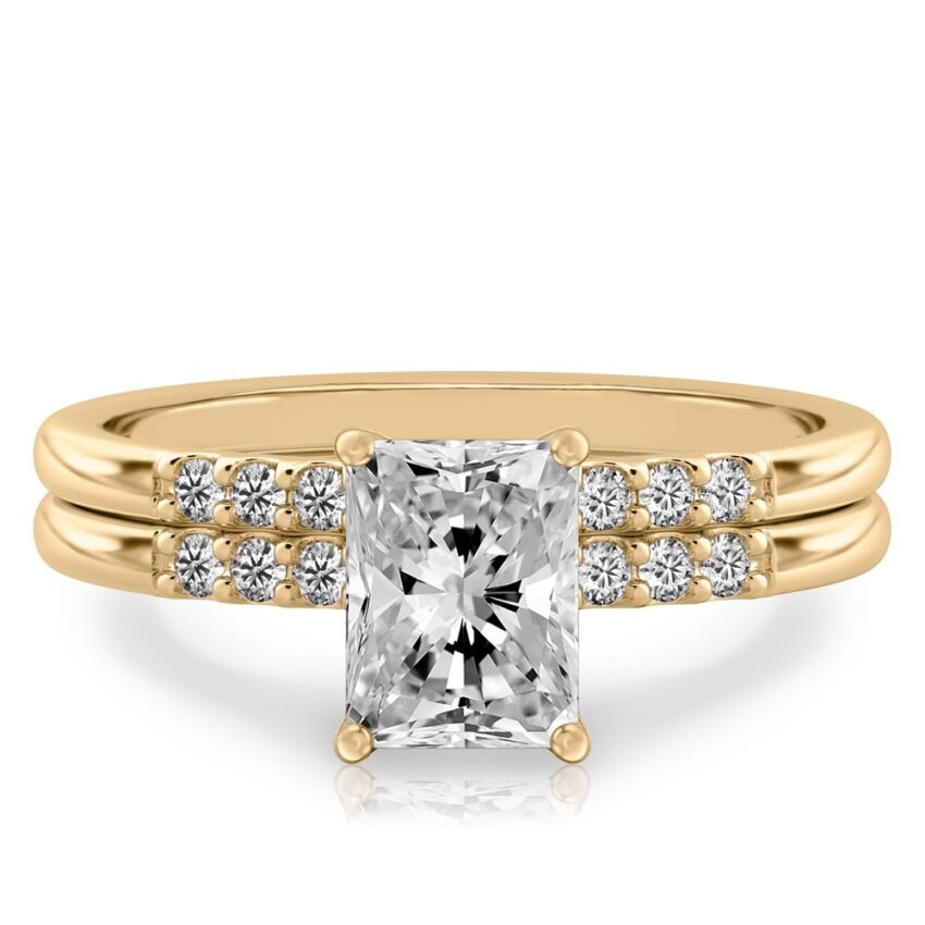 radiant cut diamond minimalist pave engagement ring set yellow gold