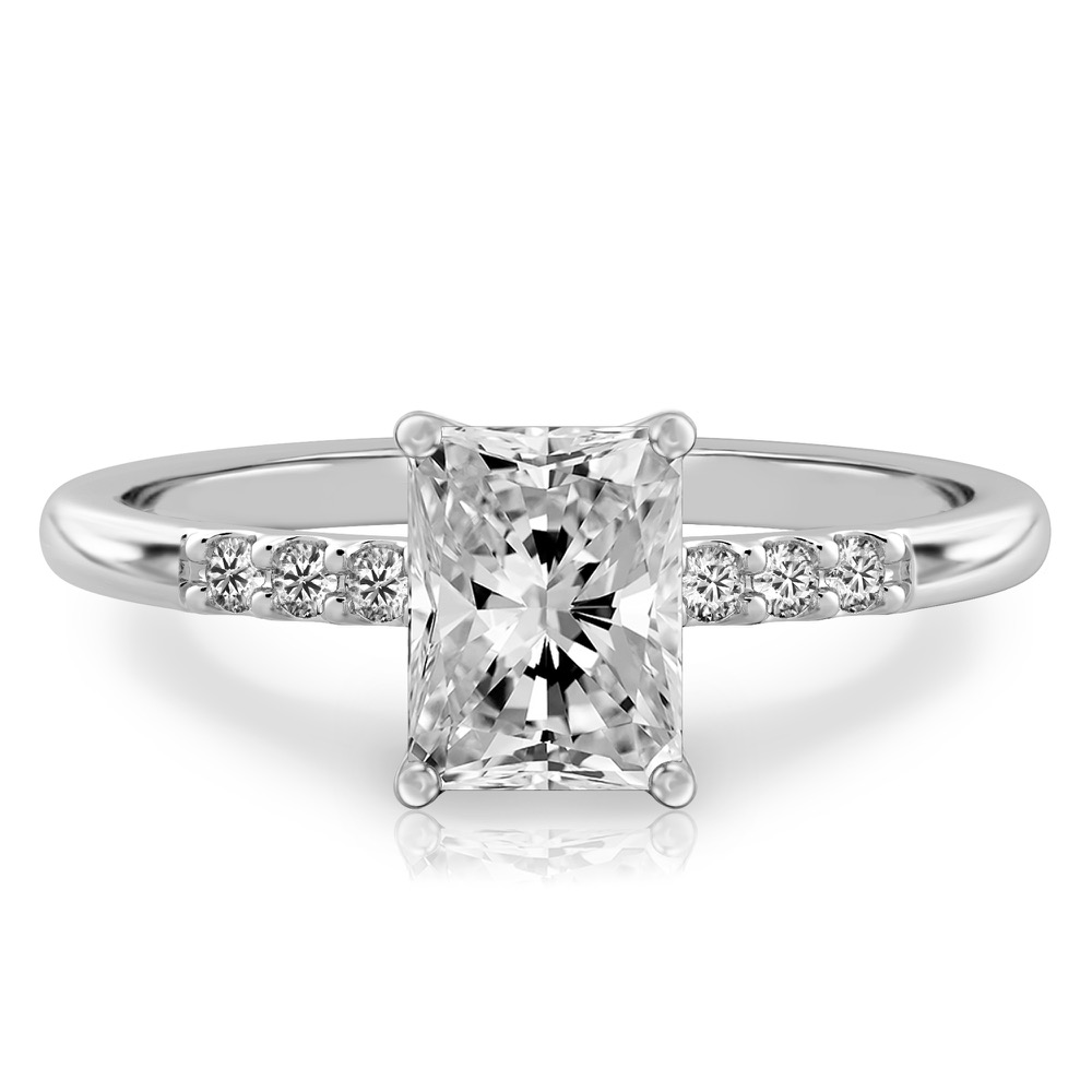 radiant cut diamond minimalist pave engagement ring in white gold