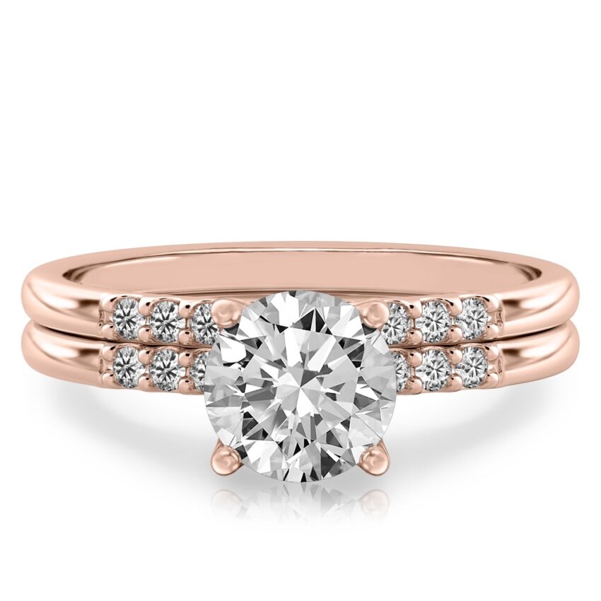 round cut diamond minimalist pave engagement ring set rose gold