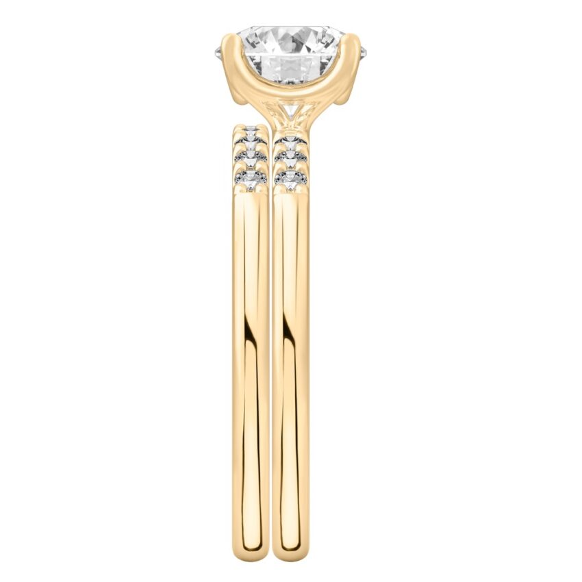 Side view of round cut diamond minimalist pave engagement ring set yellow gold