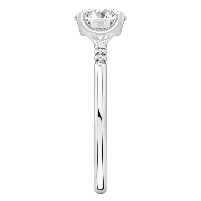 Side view of round cut diamond minimalist pave engagement ring in white gold
