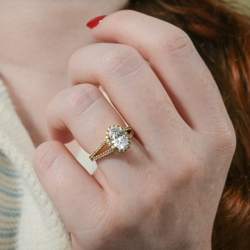 Video of split shank halo engagement ring in lifestyle