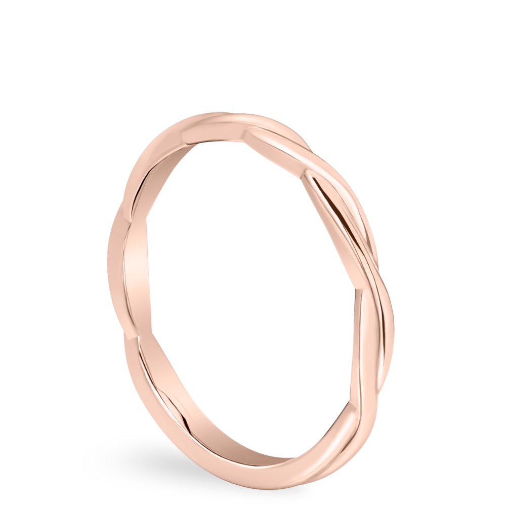Angle view of twisted wedding band in rose gold