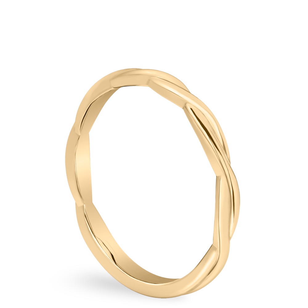 Angle view of twisted wedding band in yellow gold