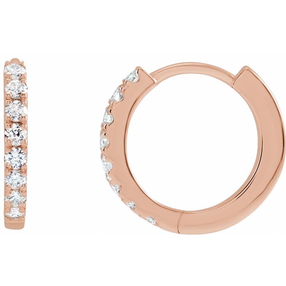 Angle view of 12mm diamond huggie earrings rose gold