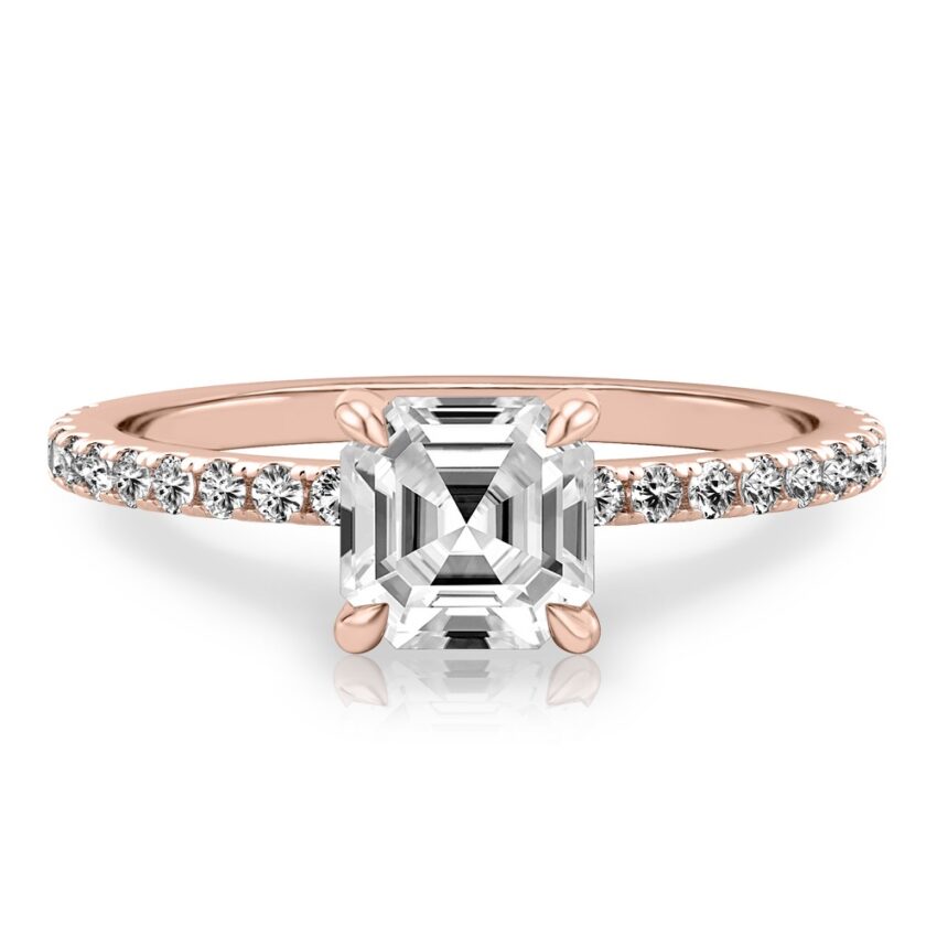 asscher cut diamond delicate pave engagement ring in rose gold