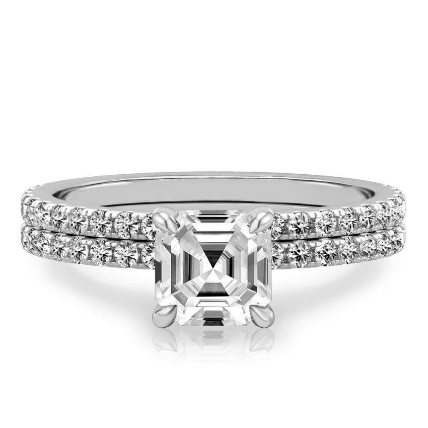 asscher cut diamond delicate pave engagement ring set platinum