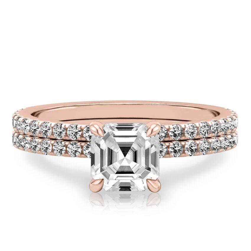 asscher cut diamond delicate pave engagement ring set rose gold