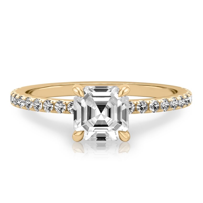 asscher cut diamond delicate pave engagement ring in yellow gold