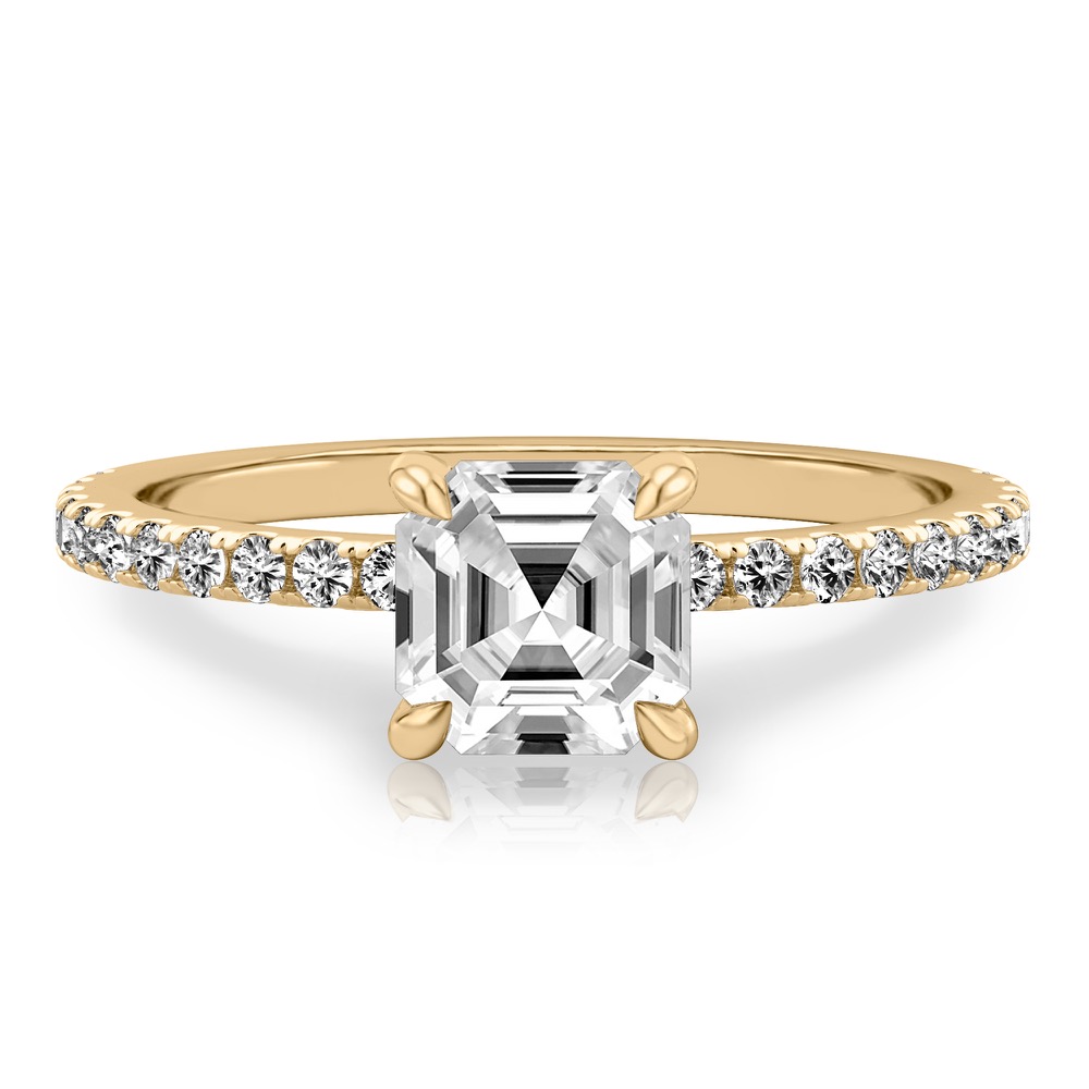 asscher cut diamond delicate pave engagement ring in yellow gold