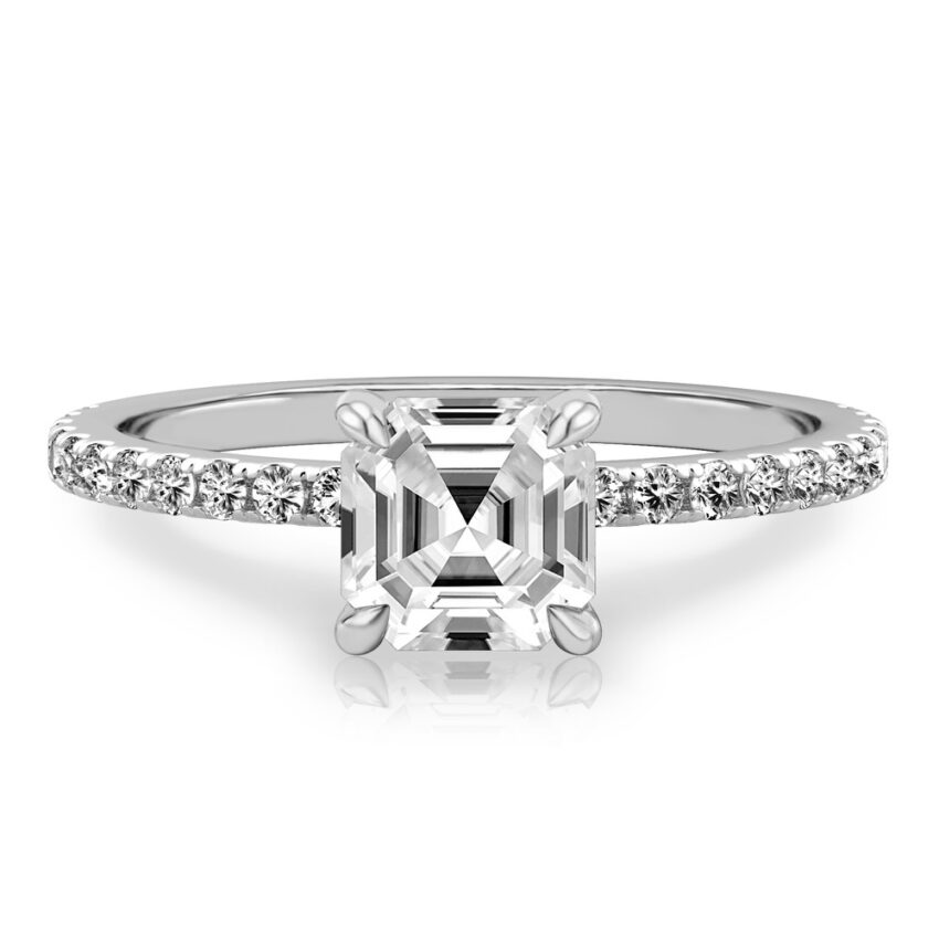 Video of asscher cut diamond delicate pave hidden halo engagement ring in platinum