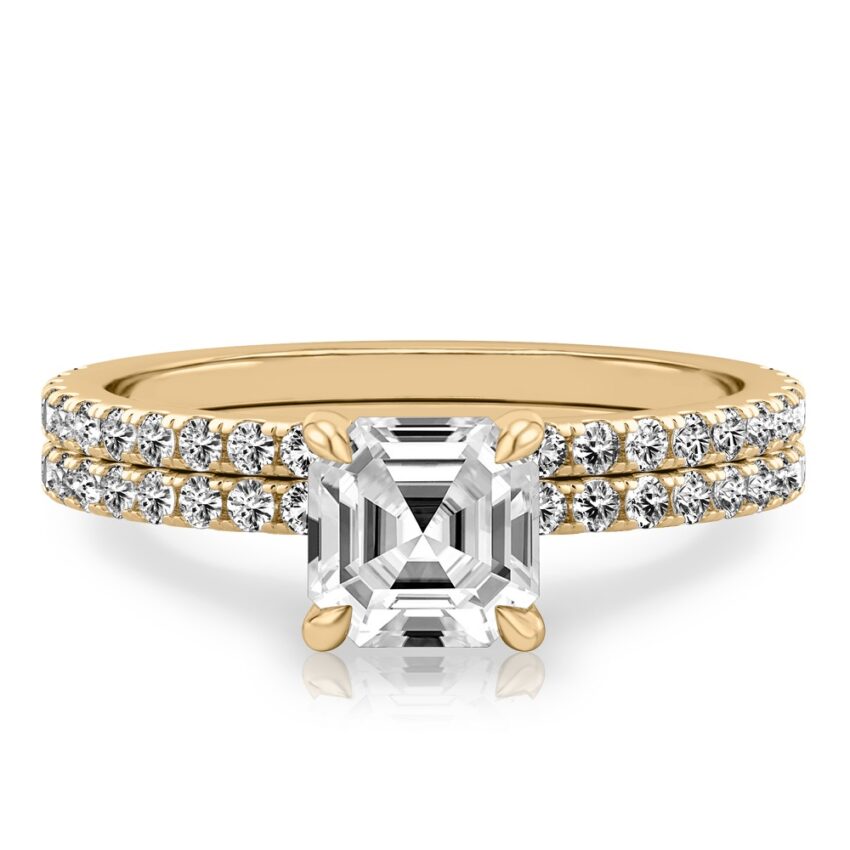 asscher cut diamond delicate pave hidden halo engagement ring set yellow gold