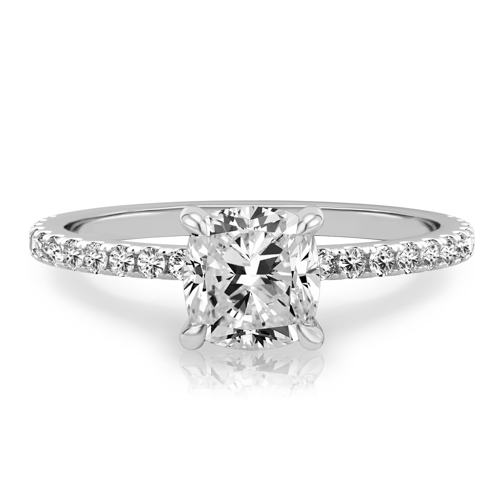 cushion cut diamond delicate pave engagement ring in platinum