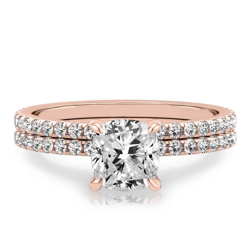 cushion cut diamond delicate pave engagement ring set rose gold