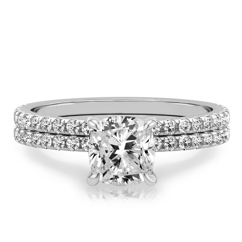 cushion cut diamond delicate pave engagement ring set white gold