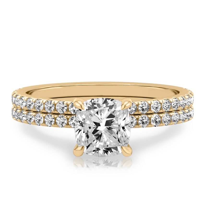 cushion cut diamond delicate pave engagement ring set yellow gold