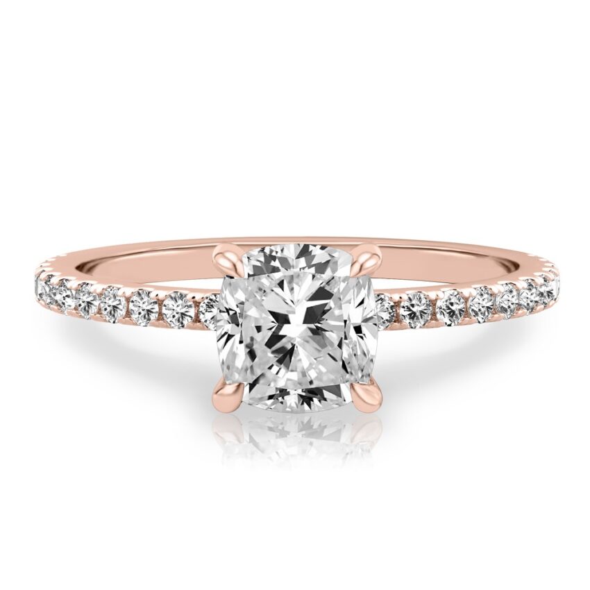 cushion cut diamond delicate pave hidden halo engagement ring in rose gold